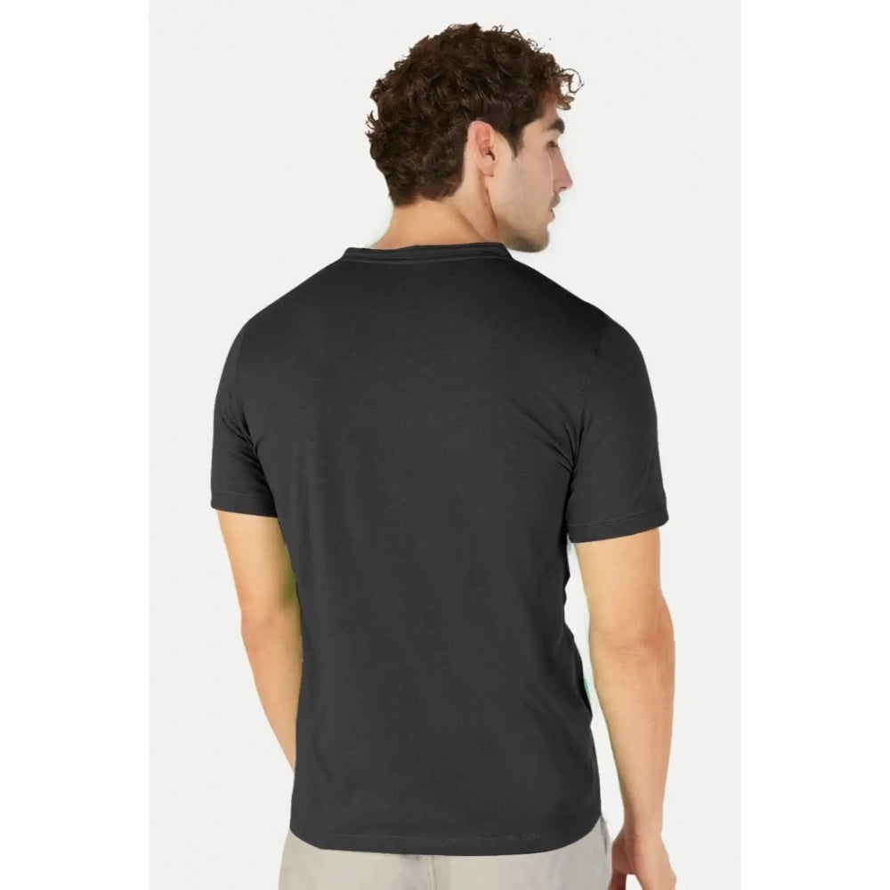 Generic Men's Casual Half sleeve Solid Cotton Henley Neck T-shirt (Black)