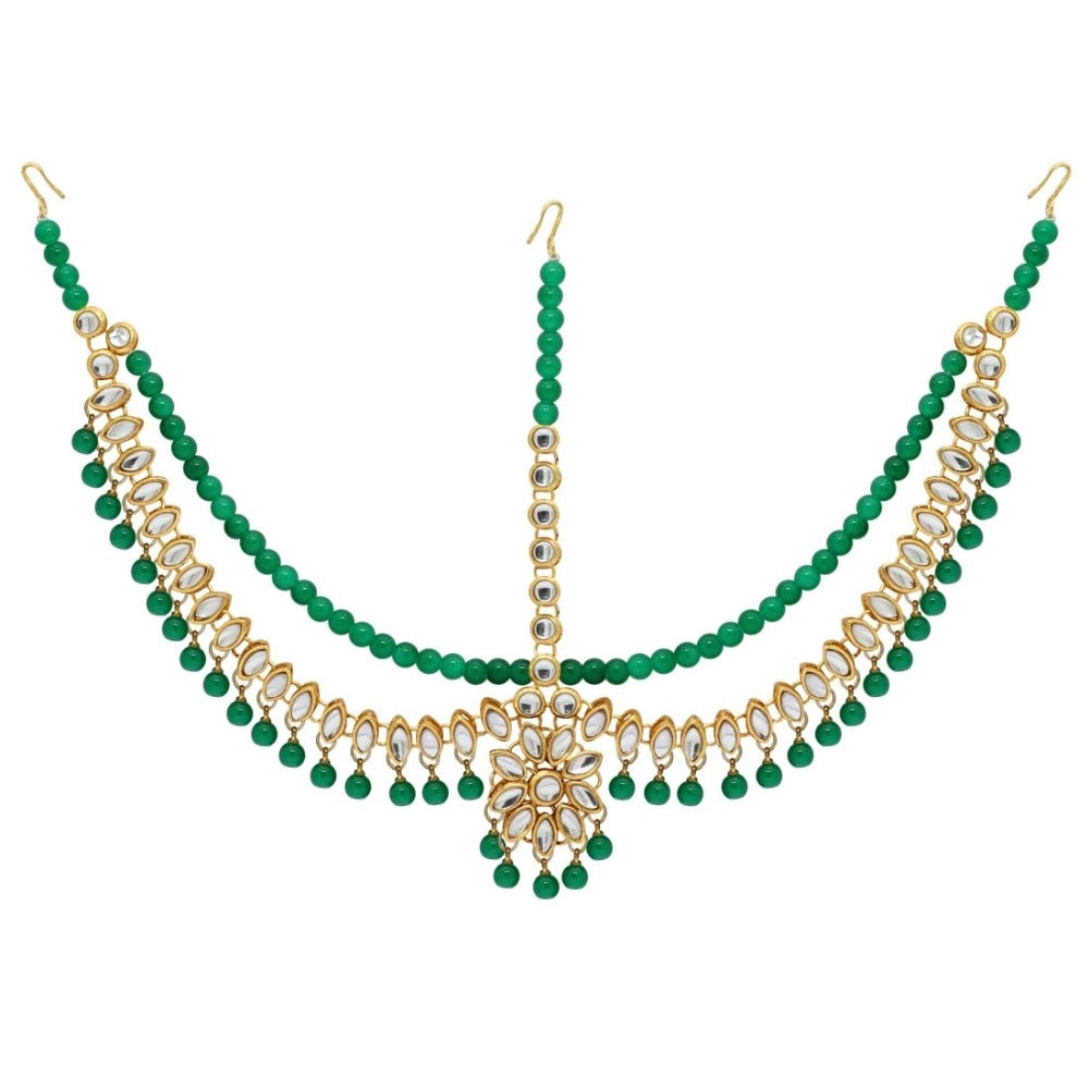 Generic Women's Green Color Imitation Pearl & Kundan Work Matha Patti
