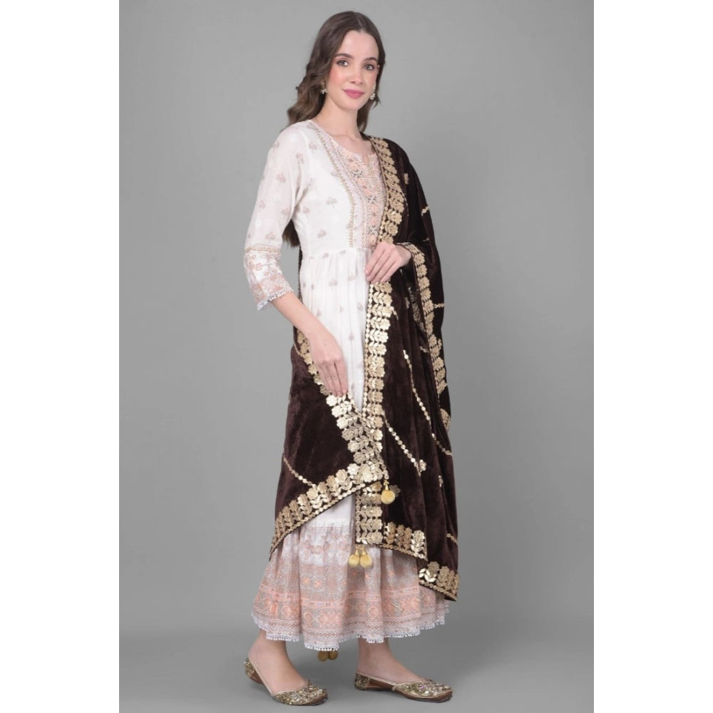 Generic Women's Velvet Gotta Patti Dupatta (Brown, Length: 2.25 to 2.50 Mtr)