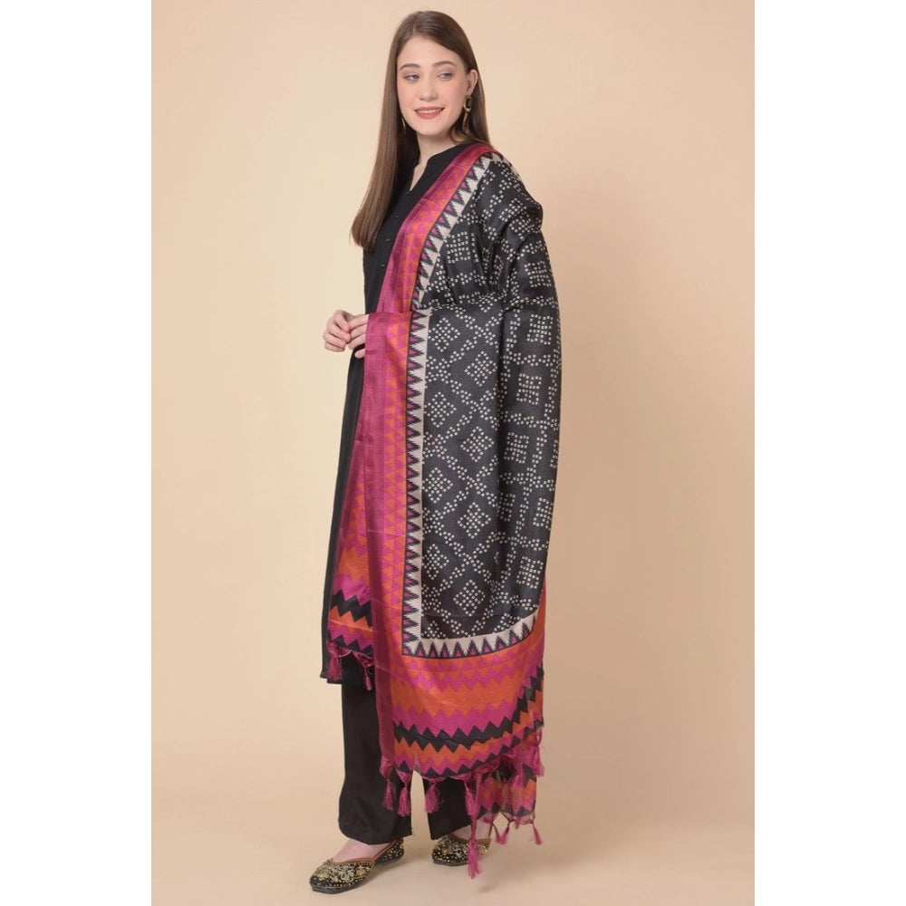 Generic Women's Art Silk Printed Dupatta (Black, Length: 2.25 to 2.50 Mtr)