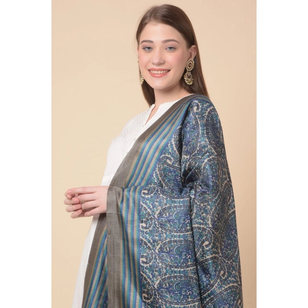 Generic Women's Art Silk Printed Dupatta (Blue, Length: 2.25 to 2.50 Mtr)