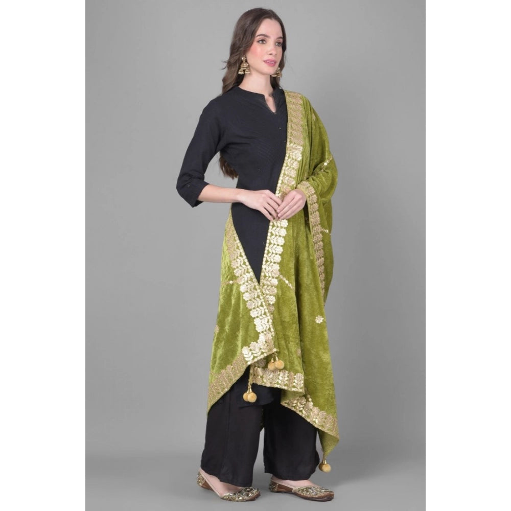 Generic Women's Velvet Gotta Patti Dupatta (Olive, Length: 2.25 to 2.50 Mtr)