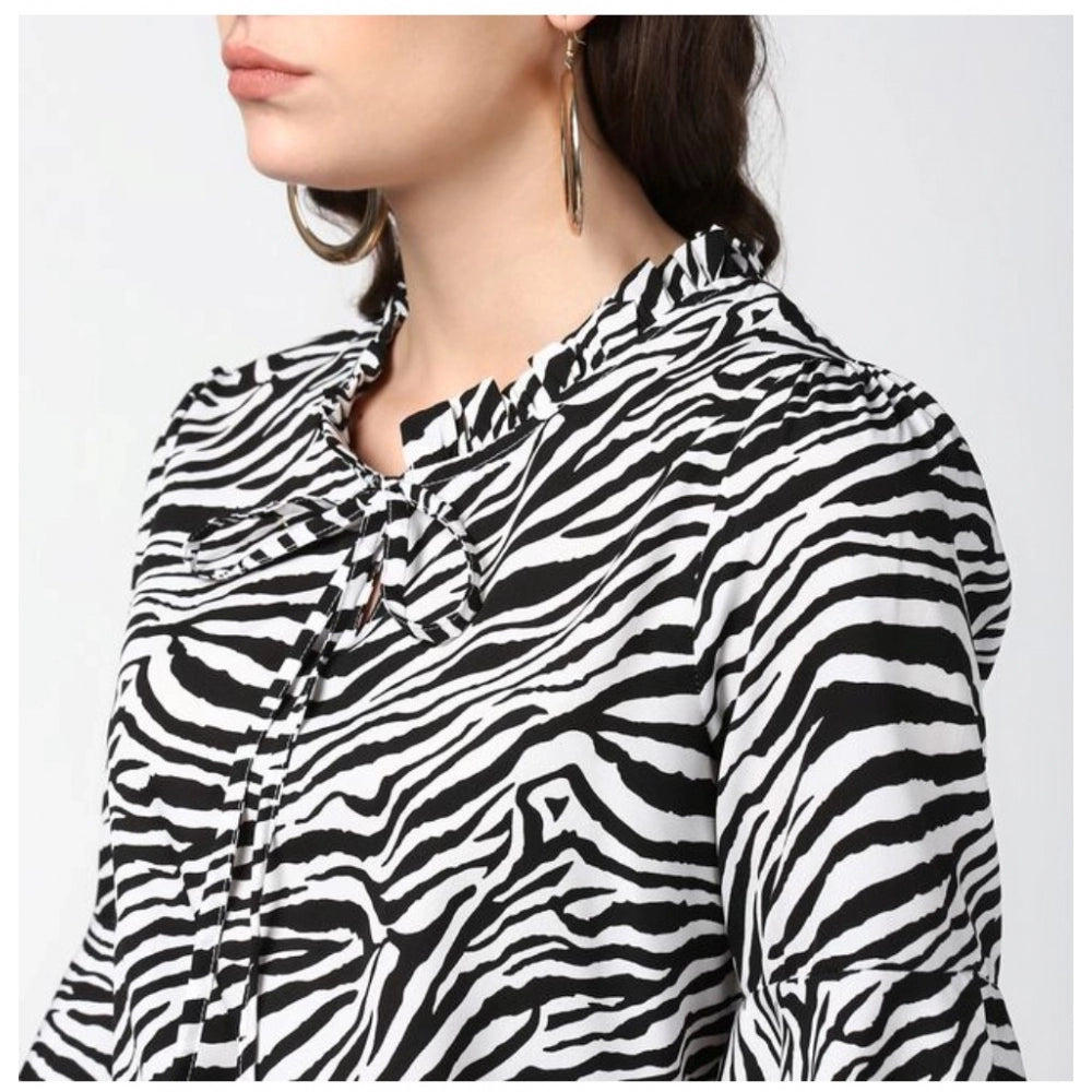 Generic Women's Polyester Animal Print Bell Sleeve Top (Black - White)