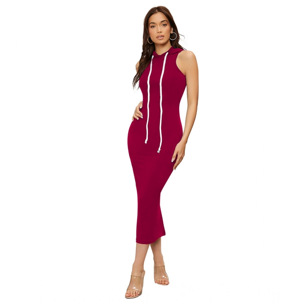 Generic Women's Knitting stretchable Solid Round Neck Sleeveless Dress (Maroon)