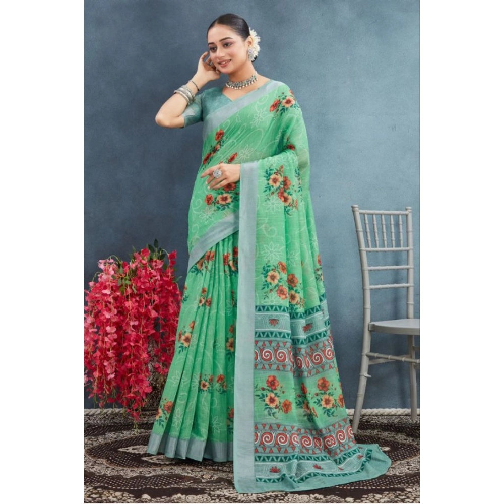 Generic Women's Linen Floral Printed Saree With Unstitched Blouse 5.5Mtr (Green)