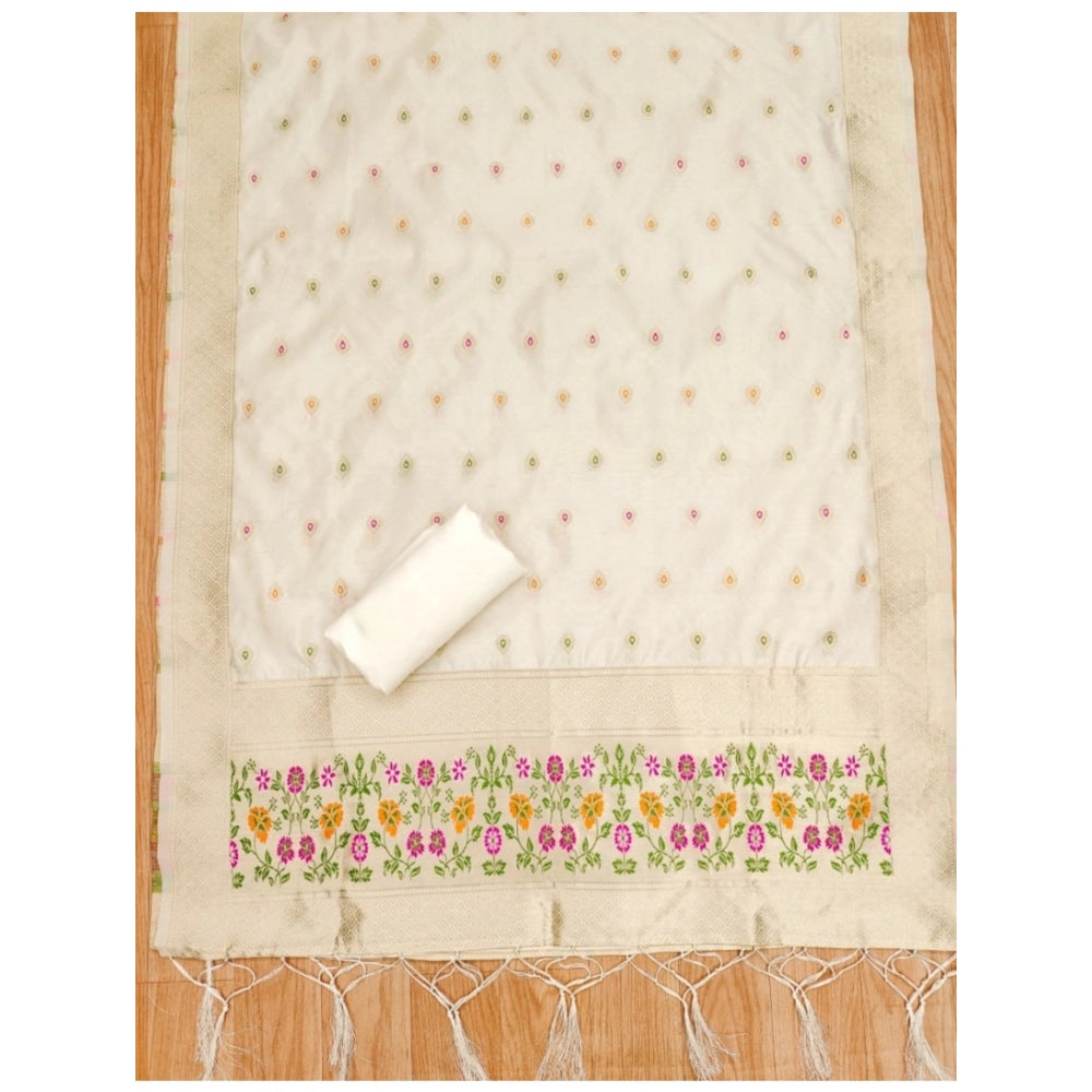 Generic Women's Banarasi Silk Printed Unstitched Salwar Suit Material With Dupatta (White, 3Mtrs)