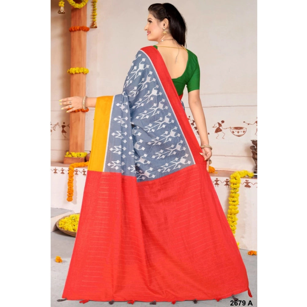 Generic Women's Soft Pure Cotton Printed Saree With Unstitched Blouse 5.5Mtr (Grey)