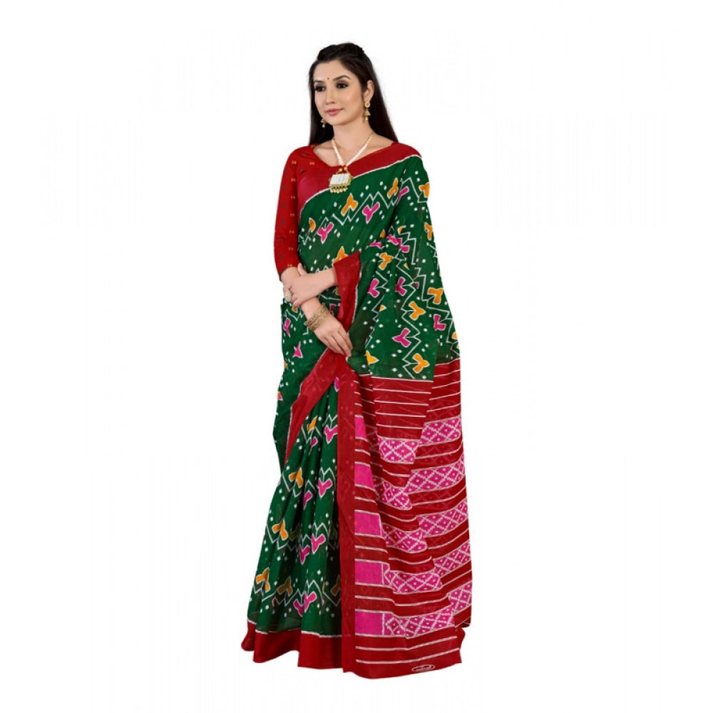 Generic Women's Soft Pure Cotton Printed Saree With Unstitched Blouse 5.5Mtr (Green)