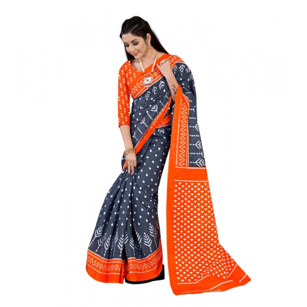 Generic Women's Soft Pure Cotton Printed Saree With Unstitched Blouse 5.5Mtr (Grey)