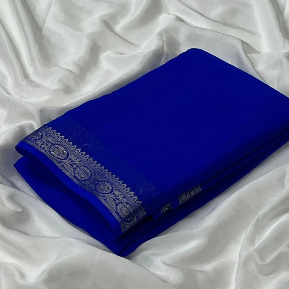 Generic Women's Crepe Chit Pallu Solid Saree With Unstitched Blouse 5.5Mtr (Blue)