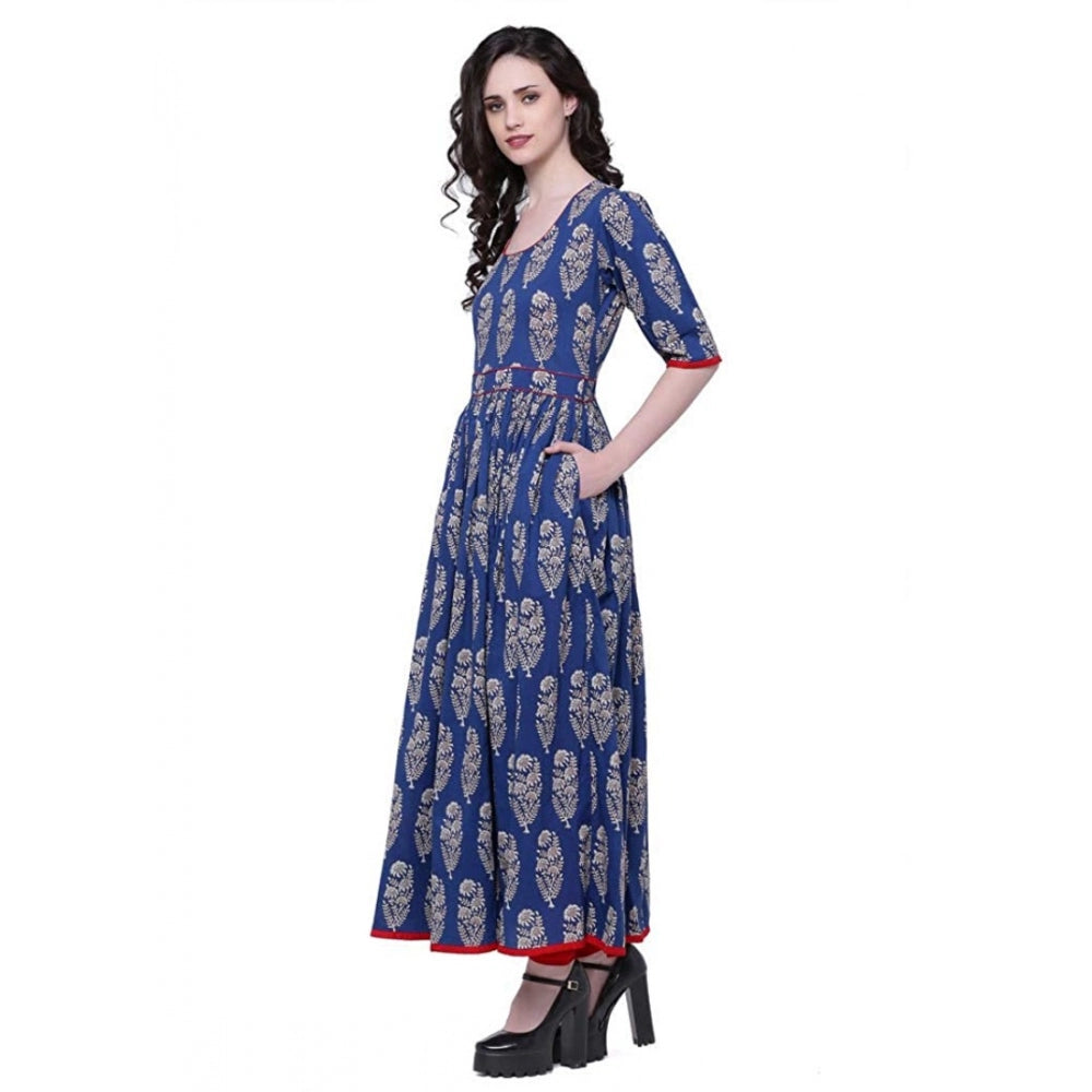 Generic Women's Cotton Printed Anarkali Kurti (Blue, Cotton)