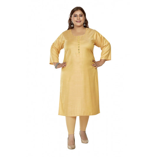 Generic Women's Casual 3/4th Sleeve Mirror Embroided Rayon Straight Kurti (Tan)