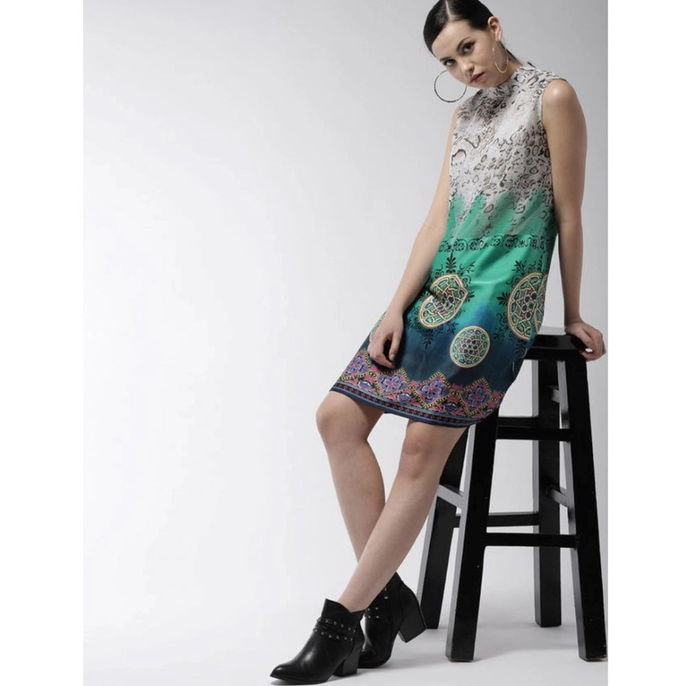 Generic Women's Polyester Printed Sleeveless Above Knee Dress (Multicolor)