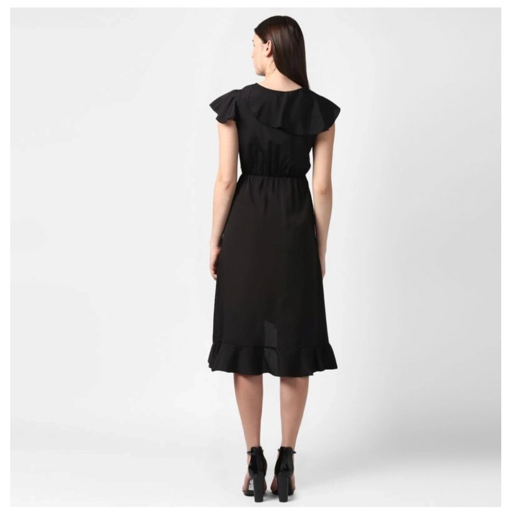 Generic Women's Polyester Ruffled Cap Sleeve Knee-Length Dress (Black)