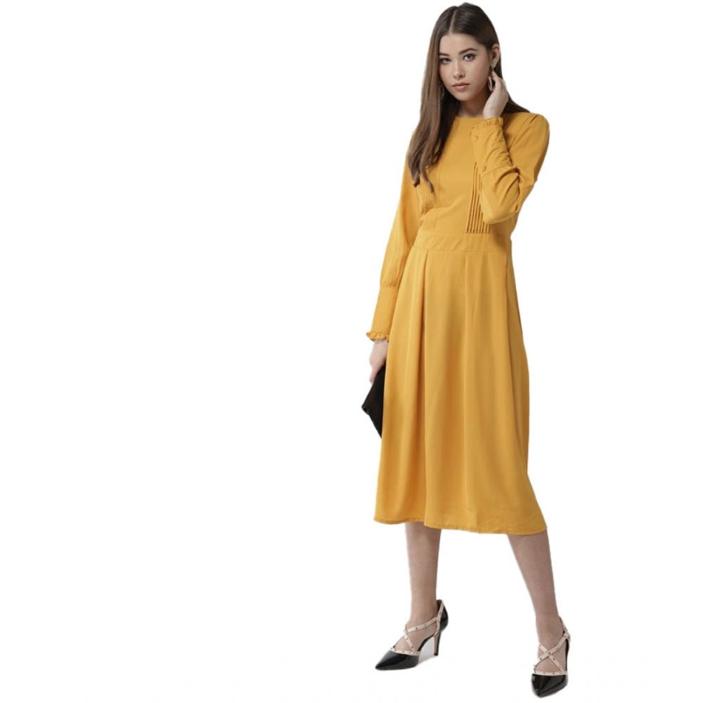 Generic Women's Polyester Pintuck Long Sleeves Below Knee Dress (Yellow)