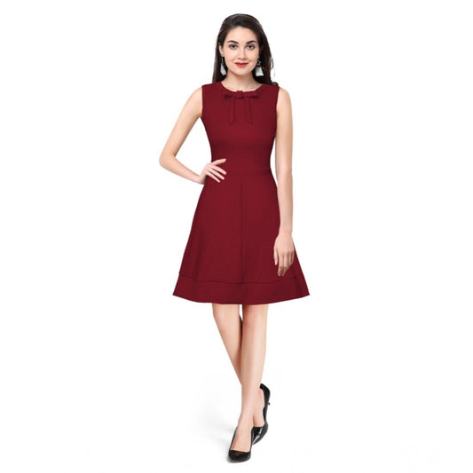 Generic Women's Polyester Solid Round Neck Sleeveless Dress (Maroon)