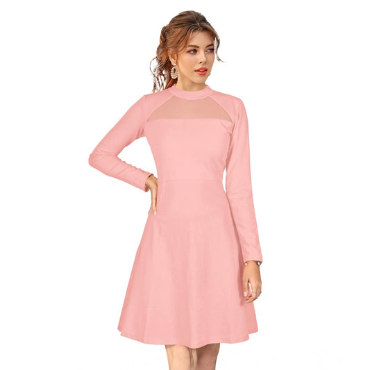 Generic Women's Knitting stretchable Solid Round Neck Full Sleeve Dress (Peach)