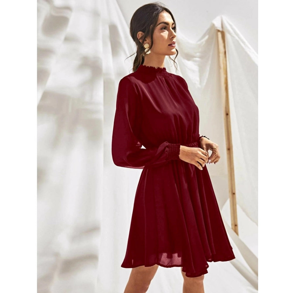 Generic Women's Fox Georgette Solid High Neck Full Sleeve Dress (Maroon)