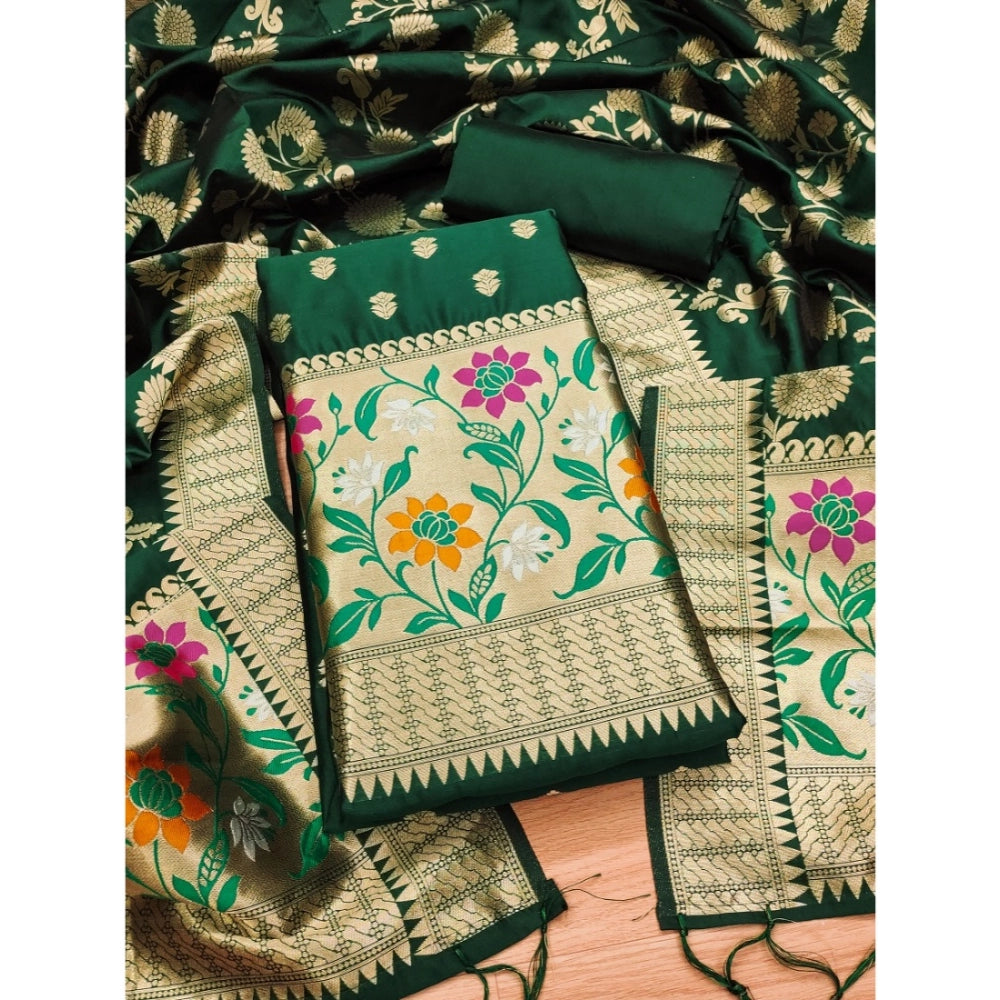 Generic Women's Banarasi Silk Printed Unstitched Salwar Suit Material With Dupatta (Green, 3Mtrs)