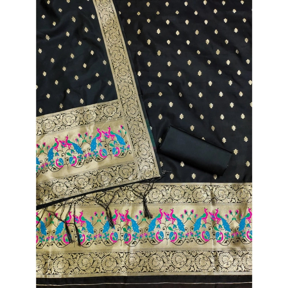 Generic Women's Banarasi Silk Printed Unstitched Salwar Suit Material With Dupatta (Black, 3Mtrs)