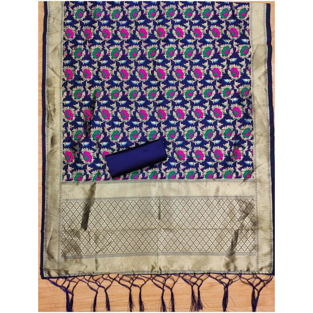 Generic Women's Banarasi Silk Printed Unstitched Salwar Suit Material With Dupatta (Navy Blue, 3Mtrs)