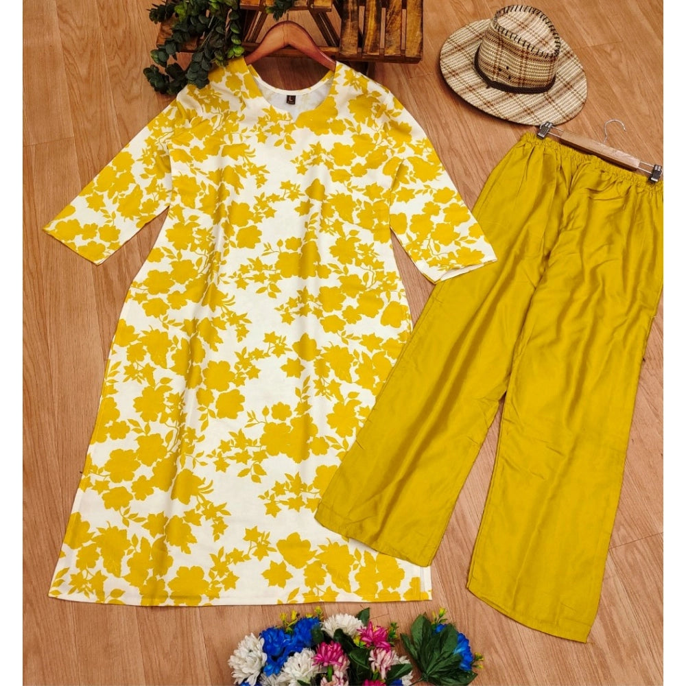 Generic Women's Rayon Printed Round Neck 3-4th Sleeve Kurti With Pant Set (Yellow)