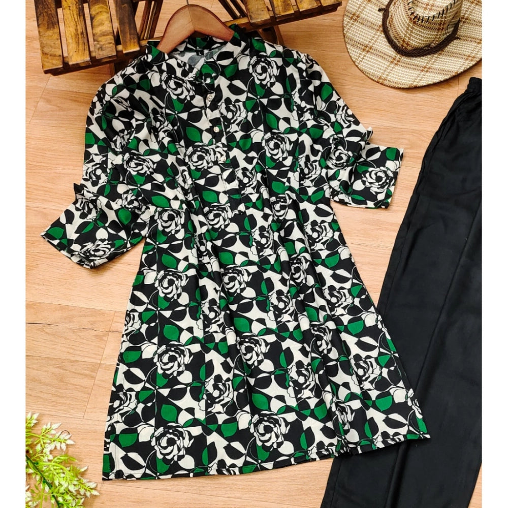 Generic Women's Muslin Printed Mandarin Collar 3-4th Sleeve Kurti With Pant Set (Green)