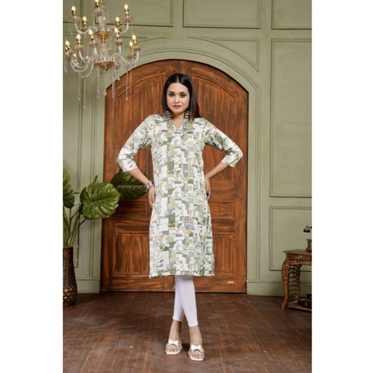 Generic Women's Cotton Blended Printed 3/4th Sleeve Collar Neck Kurti (Green)