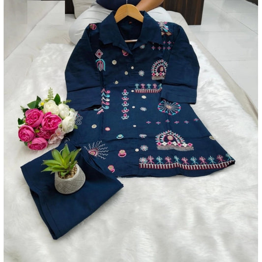 Generic Women's Roman Silk Embroidered 3/4th Sleeve Collar Neck Co-Ord Set (Blue)