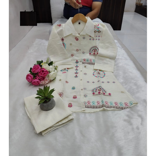 Generic Women's Roman Silk Embroidered 3/4th Sleeve Collar Neck Co-Ord Set (White)