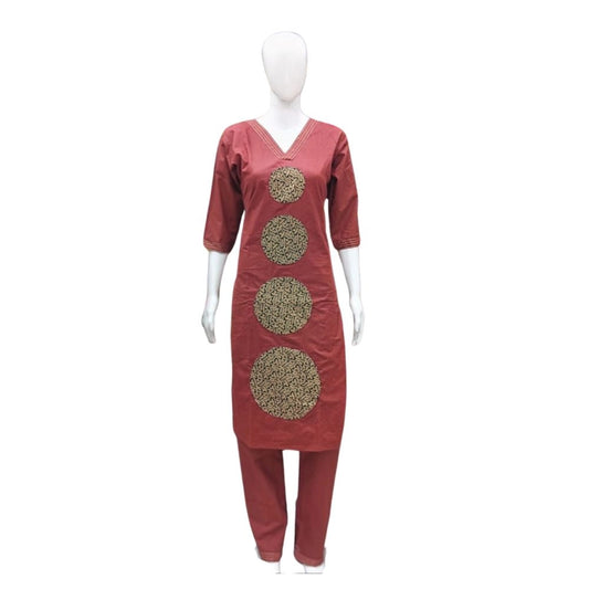 Generic Women's Cotton Blended Printed 3/4th Sleeve V Neck Kurti With Pant Set (Brown)