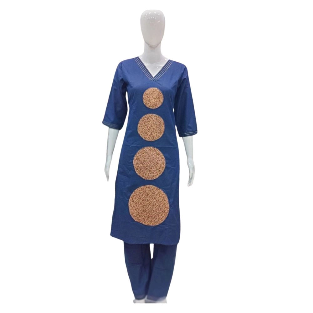Generic Women's Cotton Blended Printed 3/4th Sleeve V Neck Kurti With Pant Set (Blue)