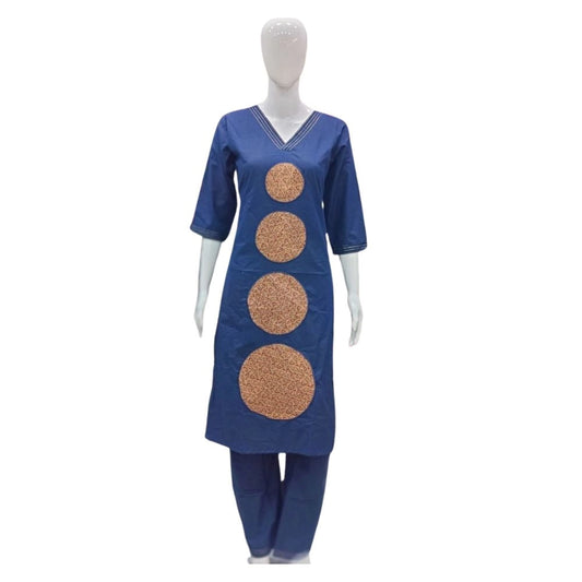 Generic Women's Cotton Blended Printed 3/4th Sleeve V Neck Kurti With Pant Set (Blue)