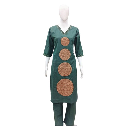 Generic Women's Cotton Blended Printed 3/4th Sleeve V Neck Kurti With Pant Set (Green)