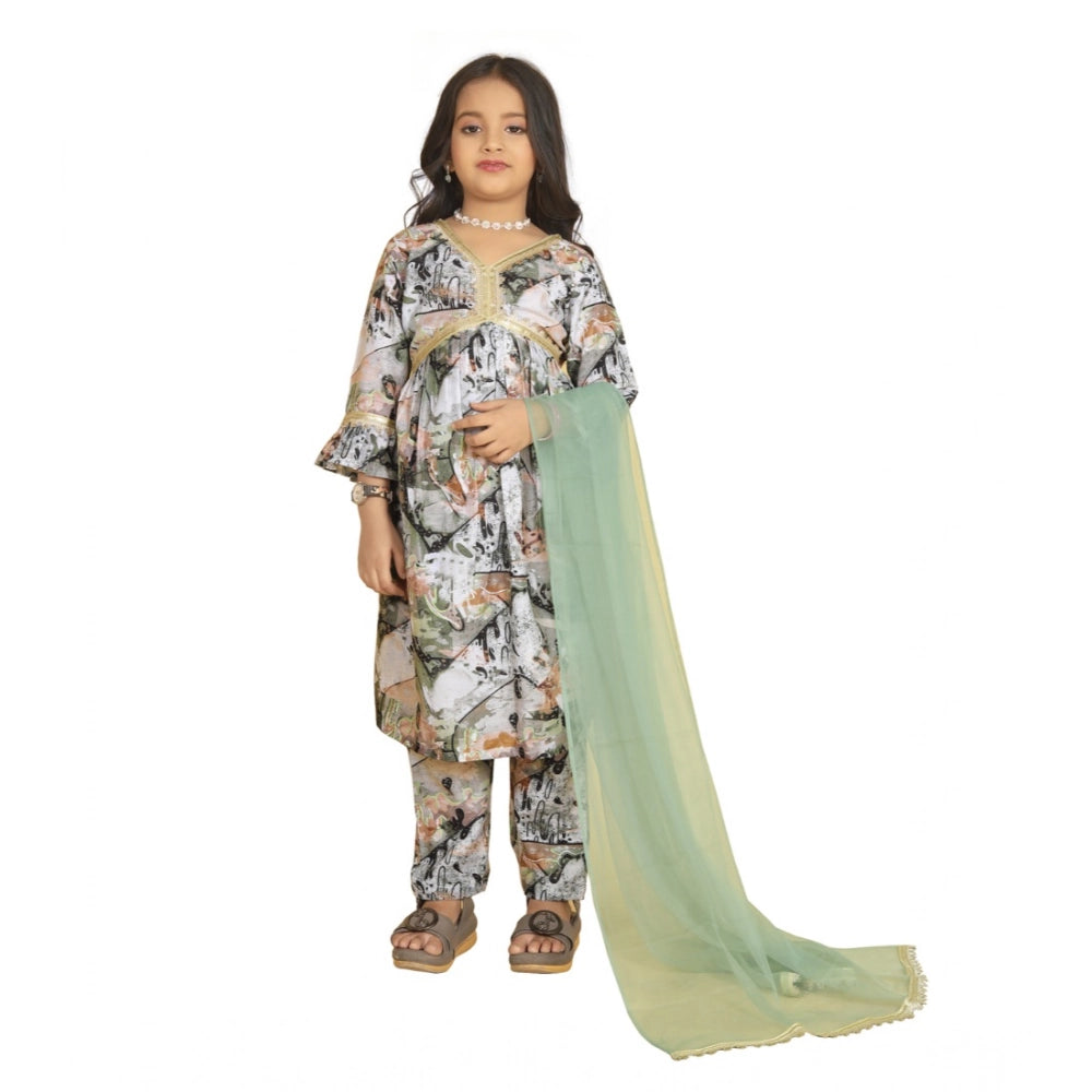 Generic Girl's Maslin Embrodrery Lace Aliya Cut Top With Bottom Dupatta Set (Green)
