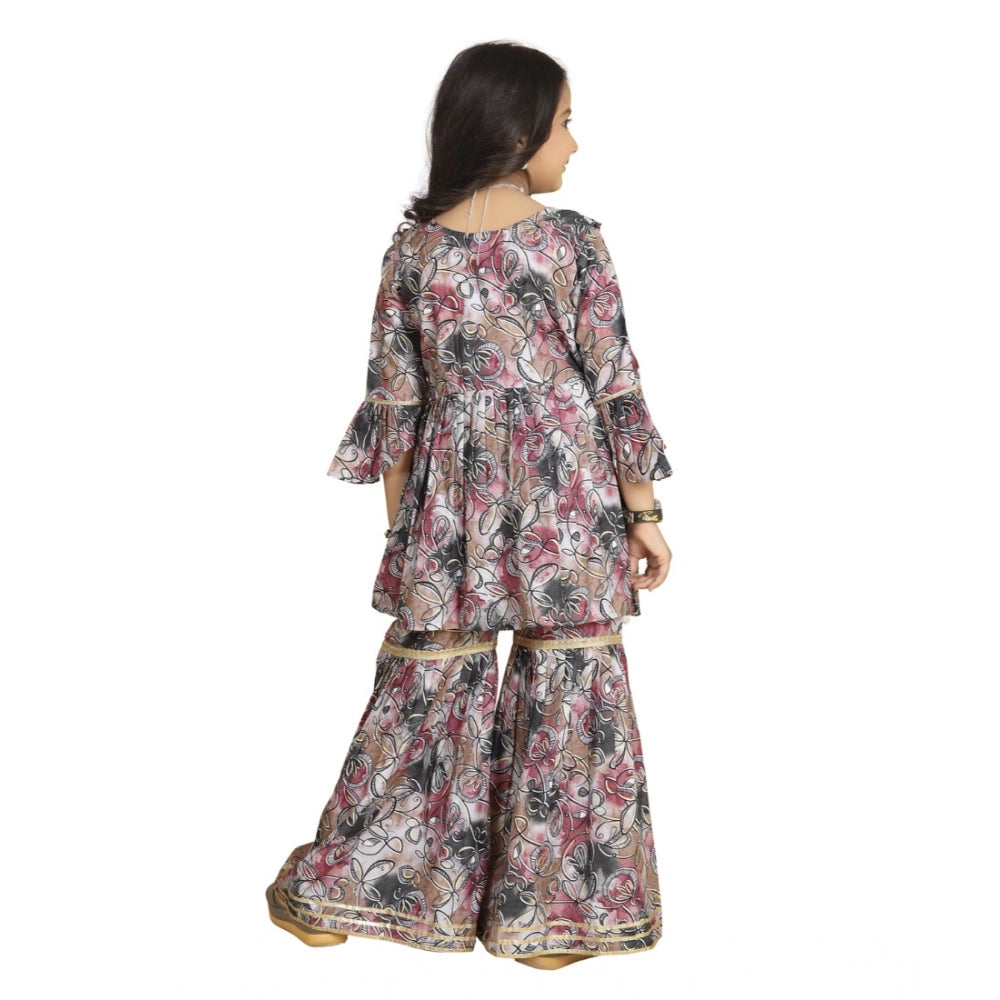 Generic Girl's Maslin Embrodrery Lace Aliya Cut Top With Sharara Dupatta Set (Pink)