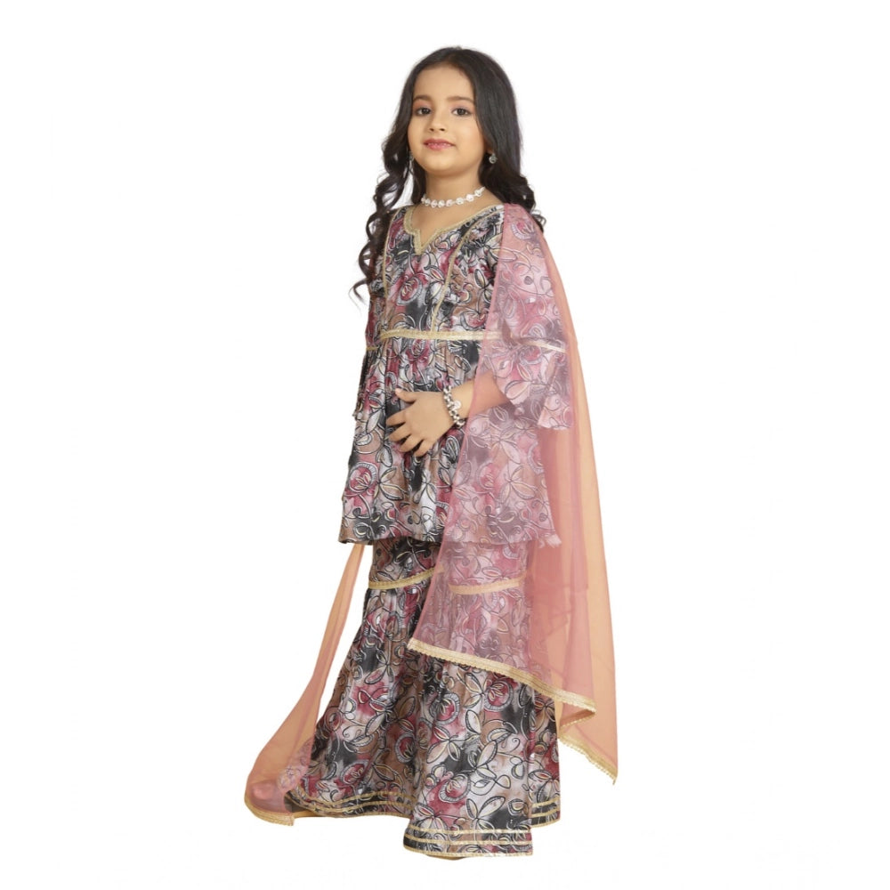 Generic Girl's Maslin Embrodrery Lace Aliya Cut Top With Sharara Dupatta Set (Pink)