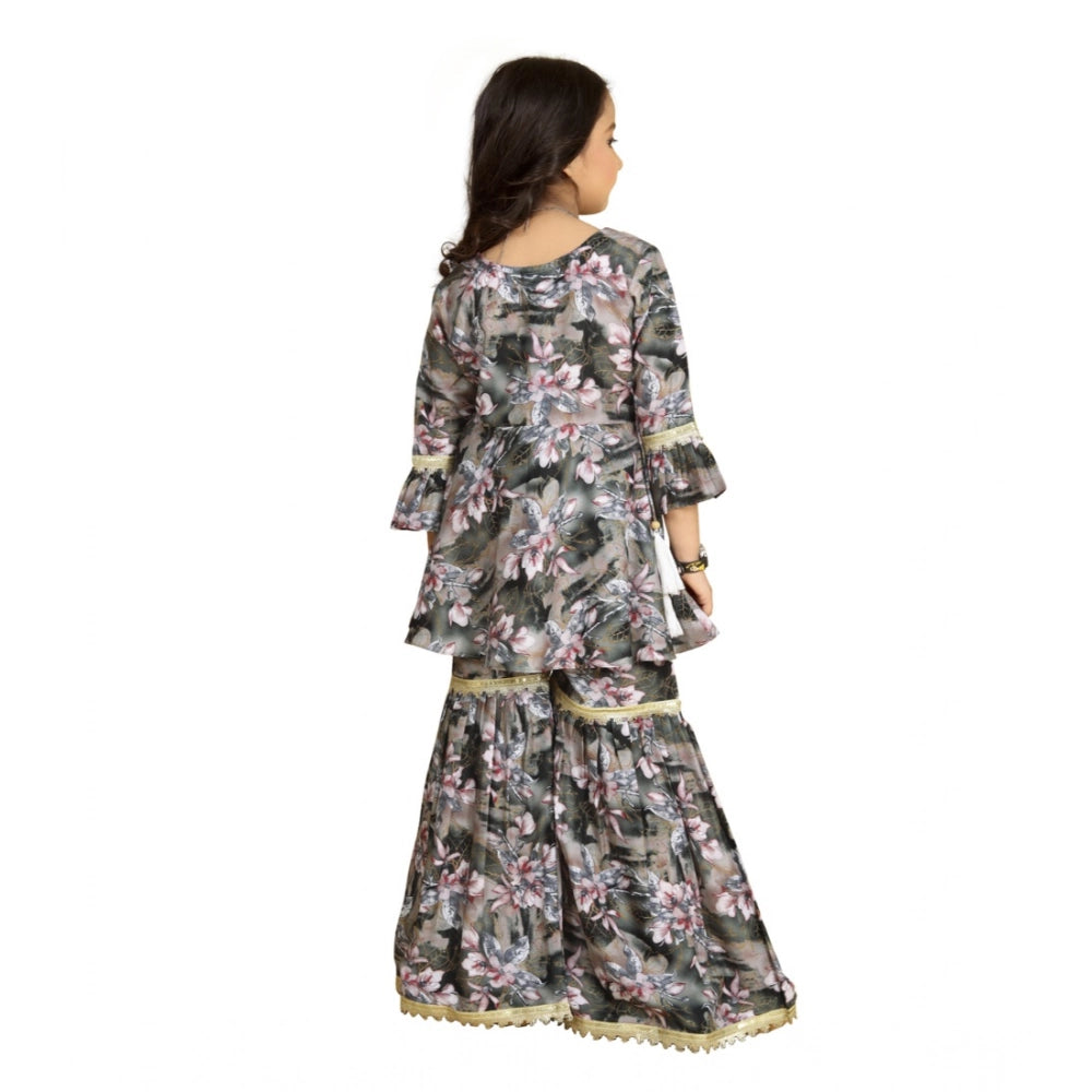 Generic Girl's Maslin Embrodrery Lace Aliya Cut Top With Sharara Dupatta Set (Grey Pink)