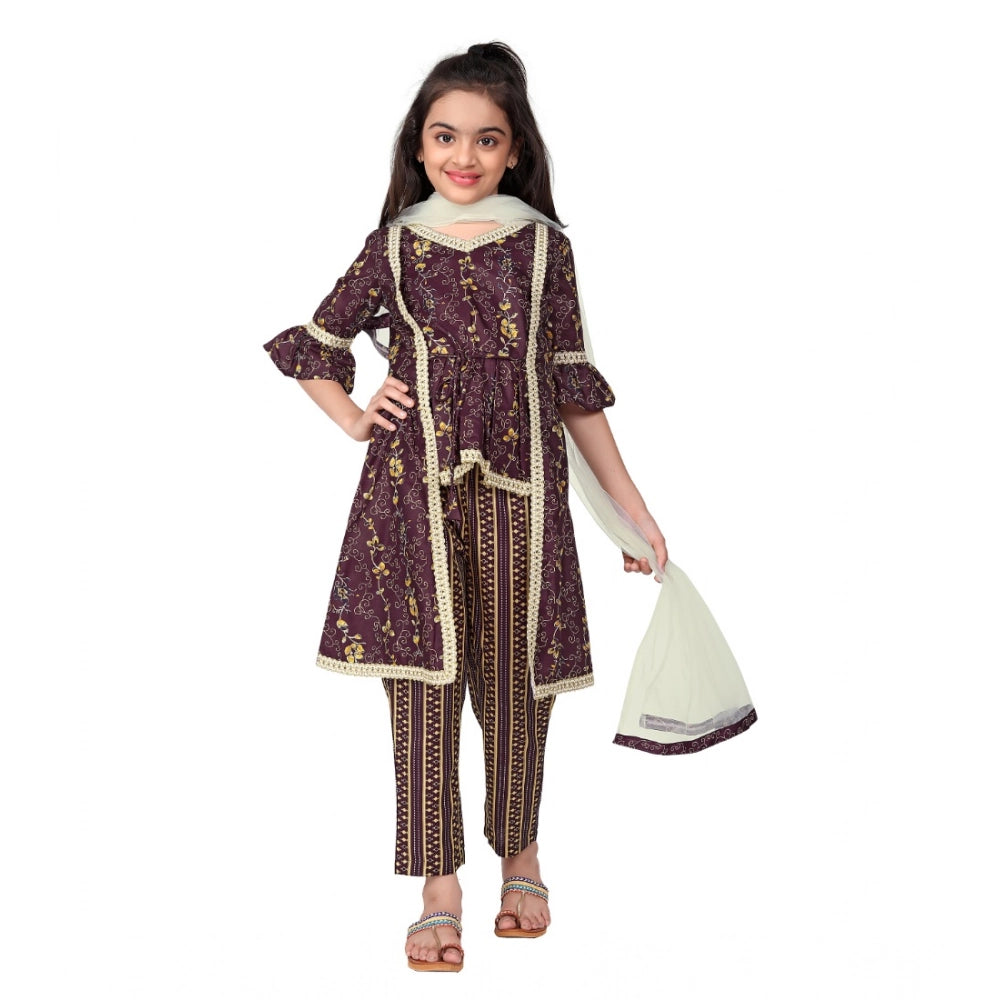 Generic Girl's Cotton Embrodrery Lace Shrug Kurti With Bottom Dupatta Set (Maroon)