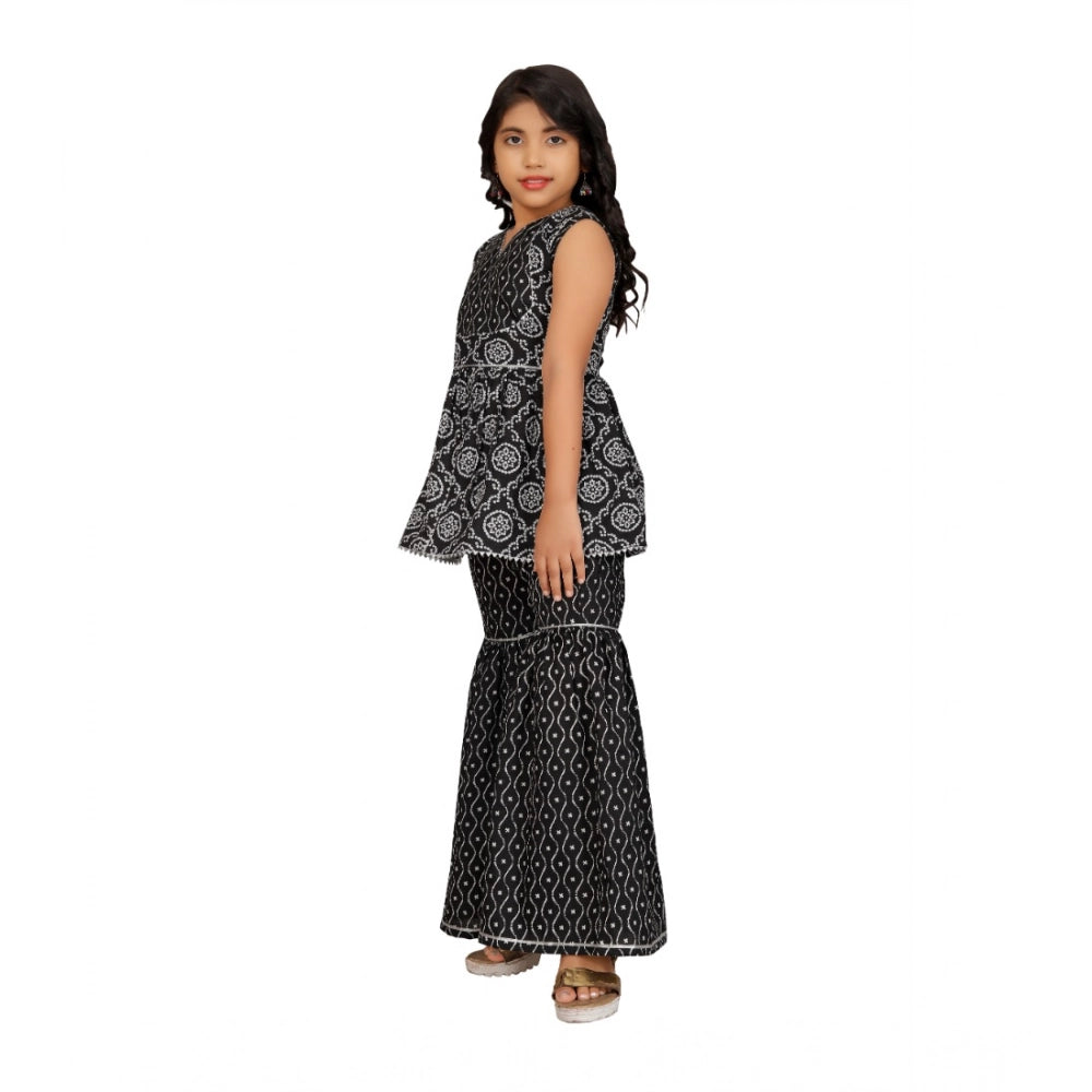 Generic Girl's Cotton Rayon Printed Top And Sharara Set (Black)