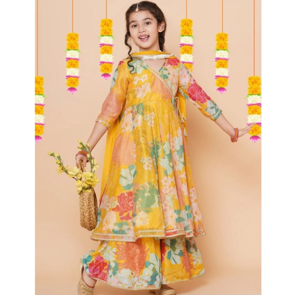 Generic Girl's Rayon Printed Codding Lace Anarkali-Style Suit (Yellow)