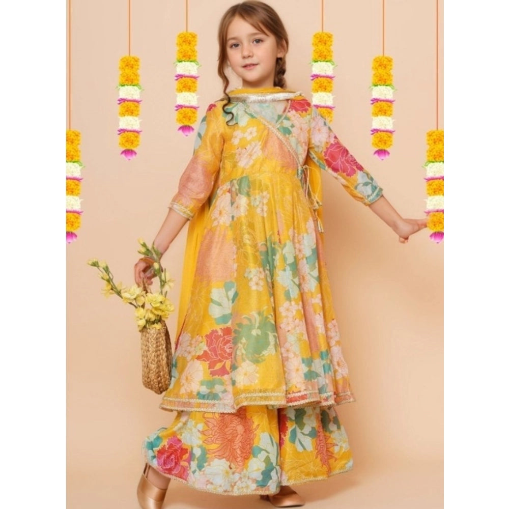 Generic Girl's Rayon Printed Codding Lace Anarkali-Style Suit (Yellow)