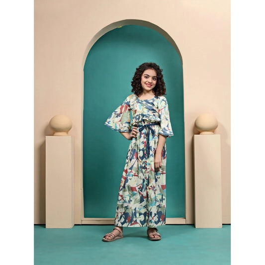 Generic Girl's Maslin Printed Crop Top And Skirt Set (Multicolor)