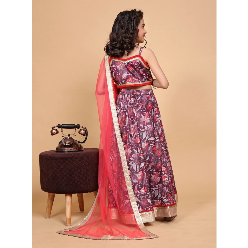 Generic Girl's Chiffon Printed Lehenga Choli Set (Maroon)