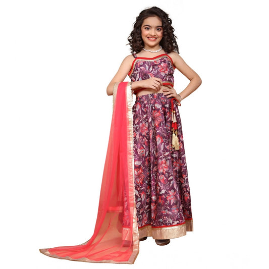 Generic Girl's Chiffon Printed Lehenga Choli Set (Maroon)