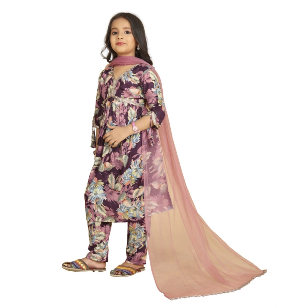 Generic Girl's Maslin Embrodrery Lace Aliya Cut Top With Bottom Dupatta Set (Purple)