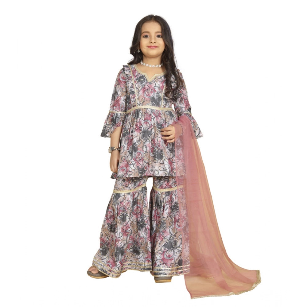 Generic Girl's Maslin Embrodrery Lace Aliya Cut Top With Sharara Dupatta Set (Pink)