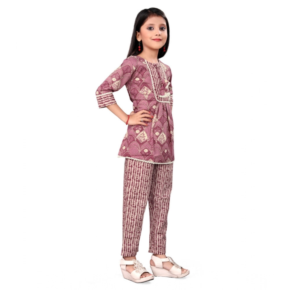 Generic Girl's Cotton Printed Top With Bottom Set (Purple)