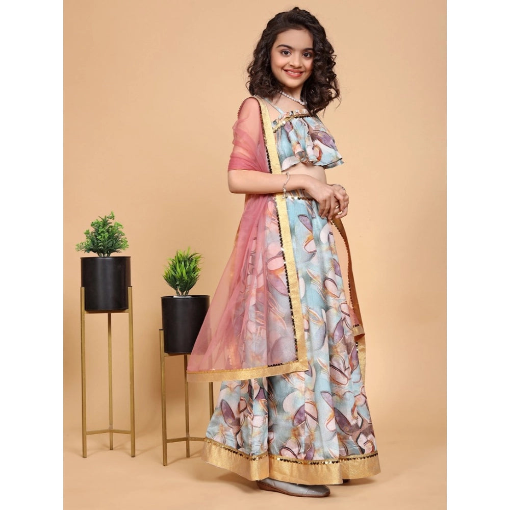 Generic Girl's Chiffon Printed Lehenga Choli Set (Blue)