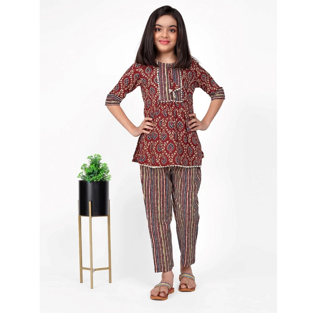 Generic Girl's Cotton Printed Top With Bottom Set (Brown)